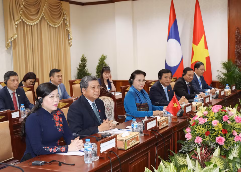 越南国会主席阮氏金银同老挝国会主席巴妮举行会谈。越通社记者 仲德 摄
