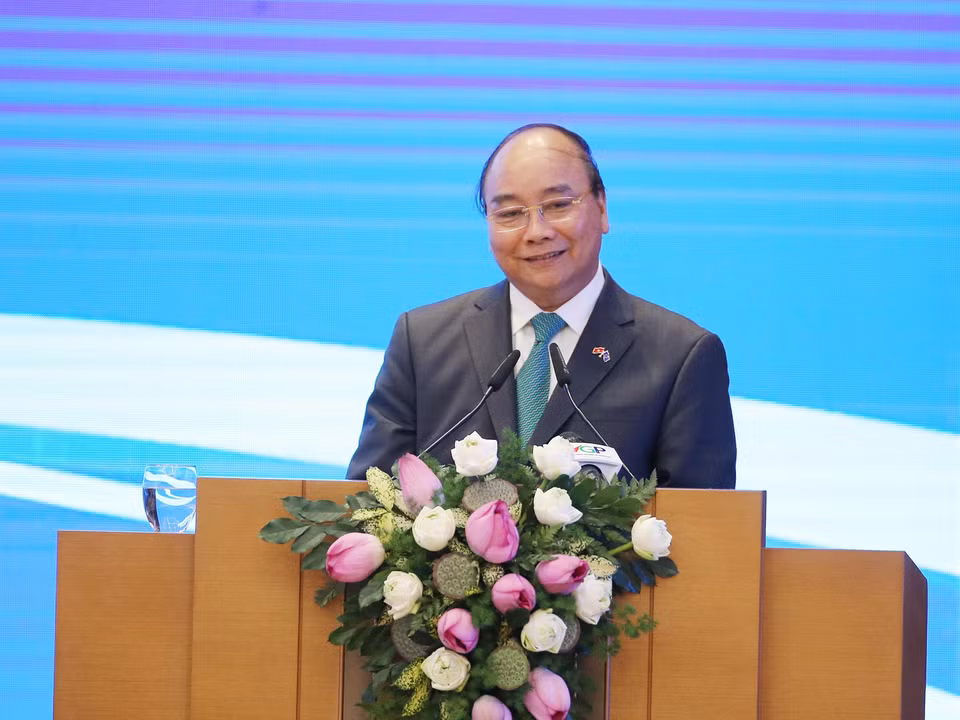 阮春福在签字仪式上发表讲话。图自越通社
