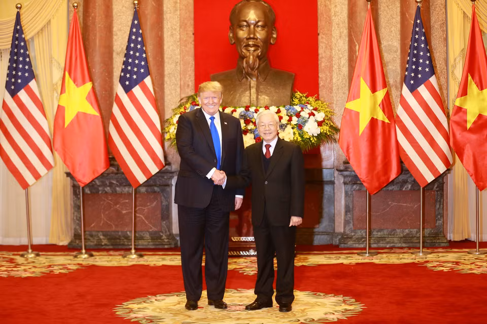 越共中央总书记、国家主席阮富仲会见美国总统唐纳德·特朗普。图自越通社