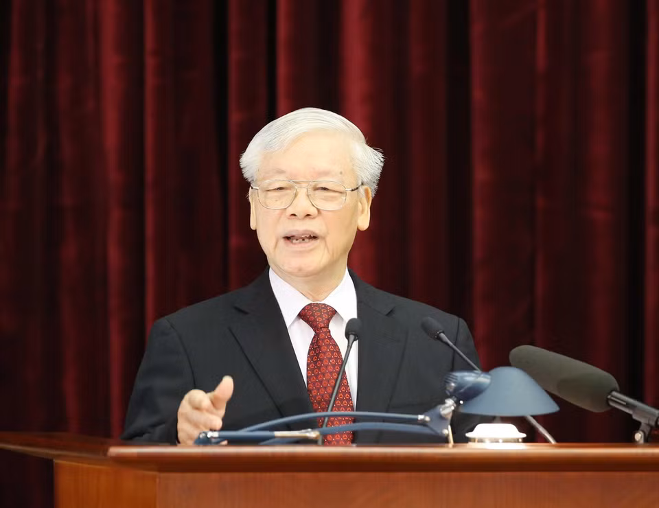 越共中央总书记、国家主席阮富仲在会议上发表讲话。图自越通社