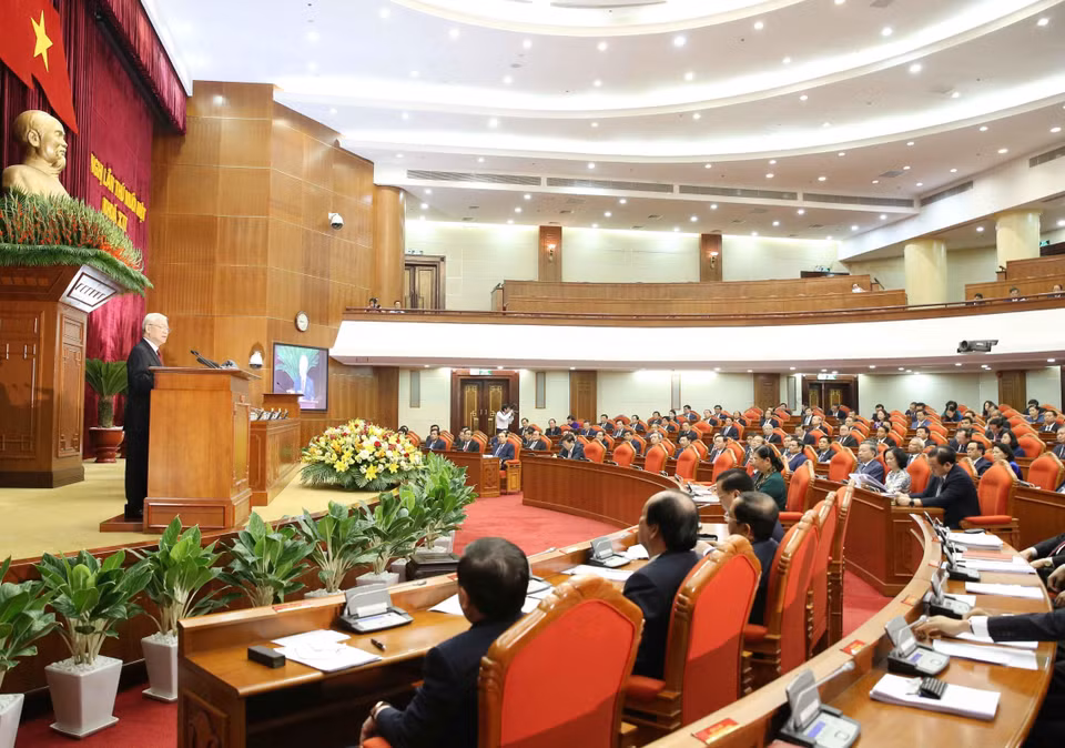 阮富仲在会议上发表重要讲话。图自越通社 