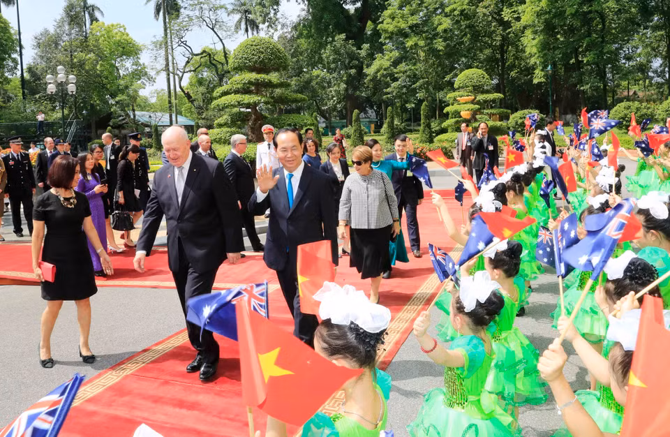 河内市儿童挥舞着两国国旗欢迎澳大利亚总督彼得•科斯格罗夫和夫人来访。越通社记者 颜创 摄
