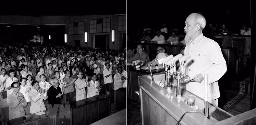 1965年4月16日，在第三届国会第三次会议上，胡主席呼吁全国同胞奋勇前进，坚决打败美国侵略者。图自越通社