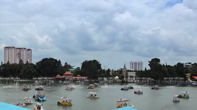 游客在水榭湖踩天鹅船。（图片来源：越通社《越南画报》）