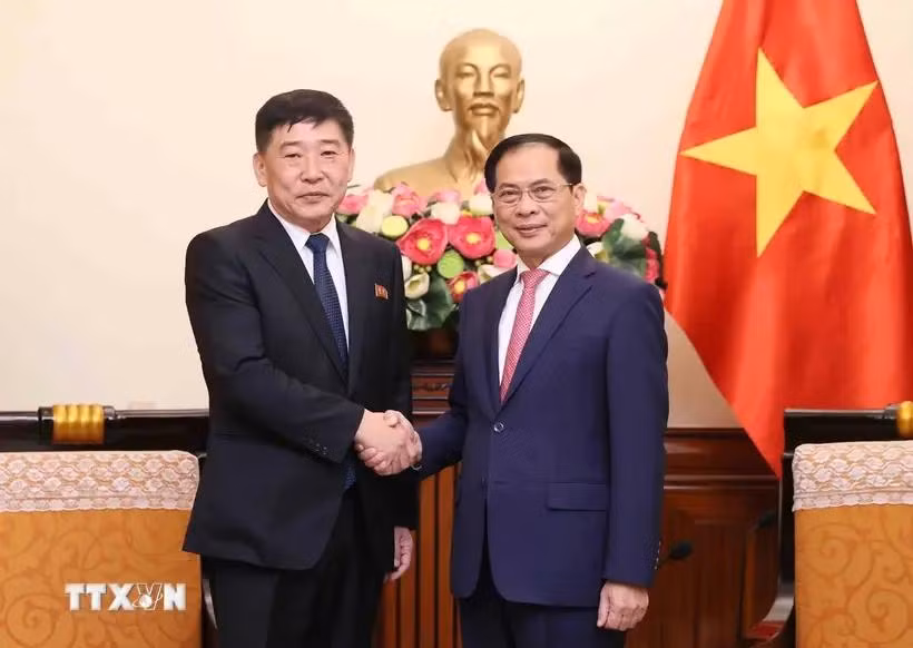 越南政府副总理兼外交部部长裴青山会见朝鲜外务省副相朴祥吉。图自越通社
