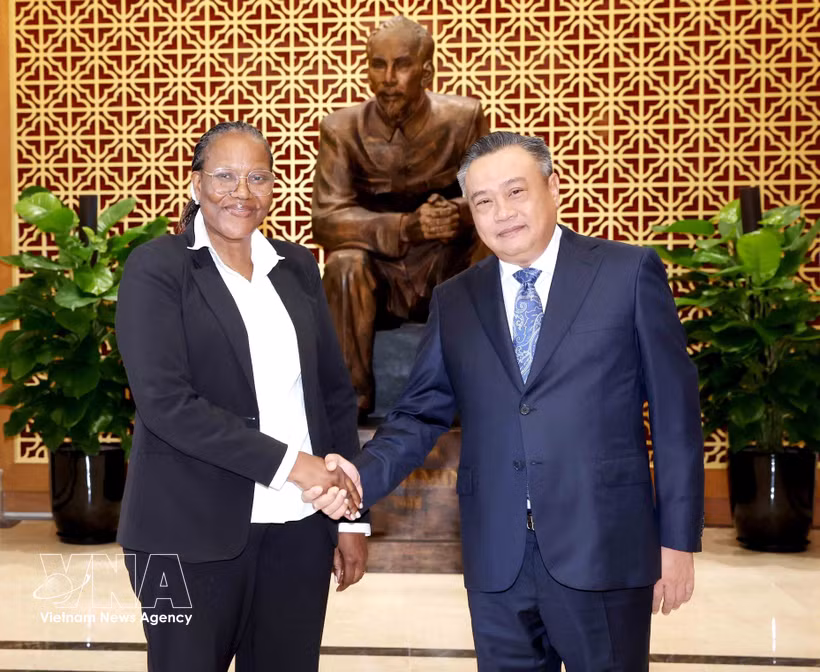 越共中央政治局委员、中央书记处书记、中央检查委员会主任陈士青和莫桑比克解放阵线党政治局委员、中央检查部部长安娜·科莫阿纳。图自越通社
