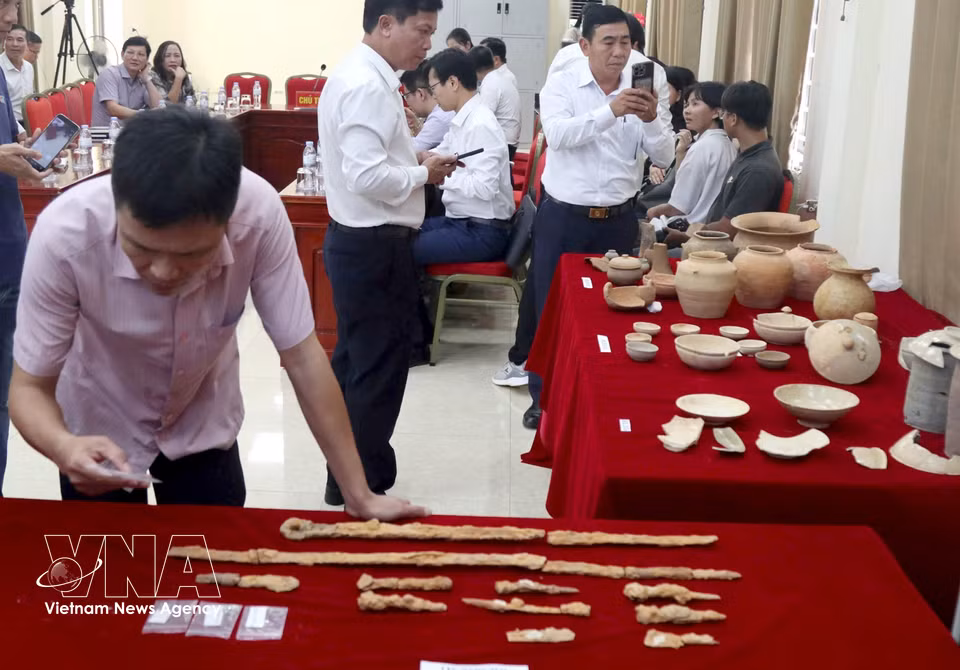 出土了多件随葬品，包括陶瓷制的瓶、盏、碗、锅、罐、壶；五铢钱；铁制刀、剑；铜器；玻璃串珠以及金色金属珠和金属片等。图自 越通社