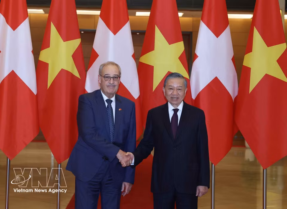 越共中央总书记、国家主席苏林与瑞士联邦主席居伊·帕姆兰合影。图自 越通社