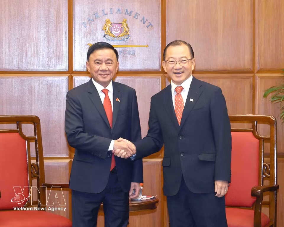 越共中央书记处常务书记陈锦绣会见新加坡国会议长谢健平。图自 越通社