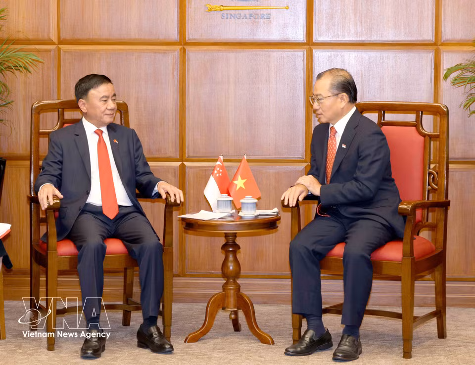 越共中央书记处常务书记陈锦绣会见新加坡国会议长谢健平。图自 越通社