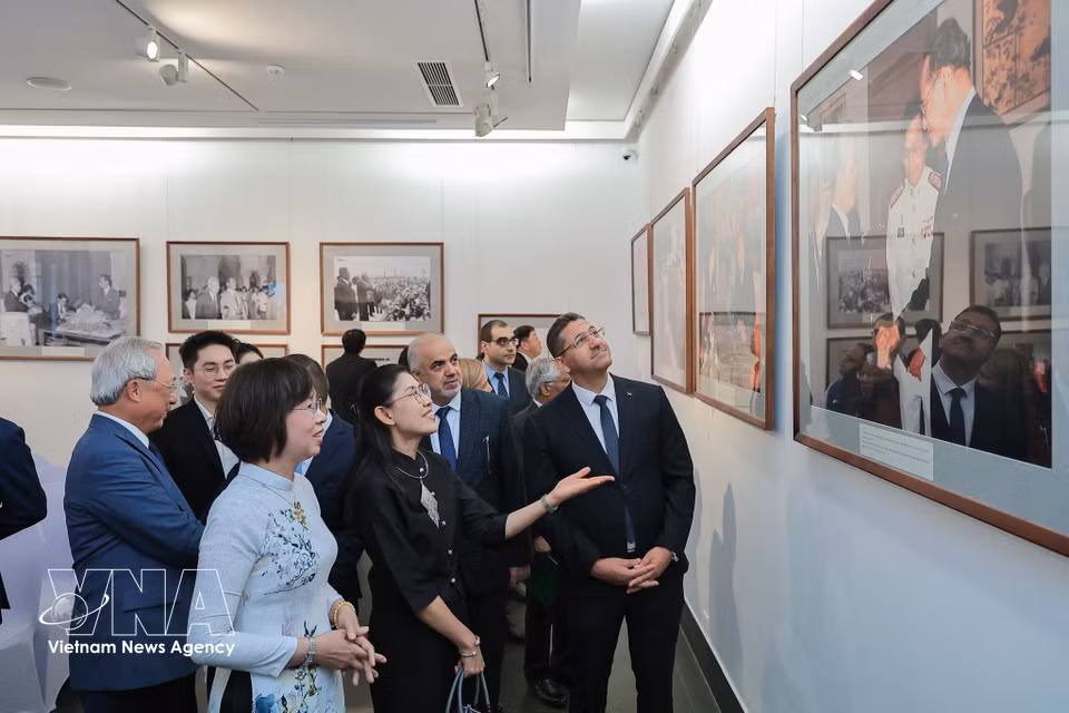 泰国驻越大使乌拉瓦蒂·斯里皮罗米亚（Urawadee Sriphiromya）与越南国家通讯社社长武越庄及代表一同参观图片展。图自 越通社