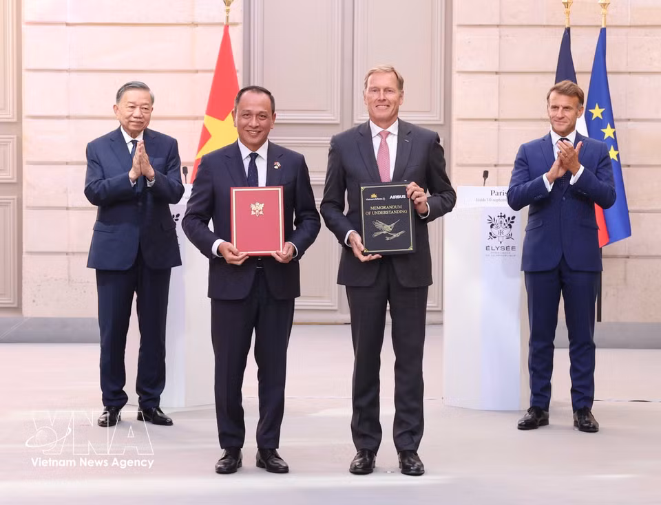越共中央总书记、国家主席苏林与法国总统埃马纽埃尔·马克龙共同见证两国合作文件、协议签署仪式。图自 越通社
