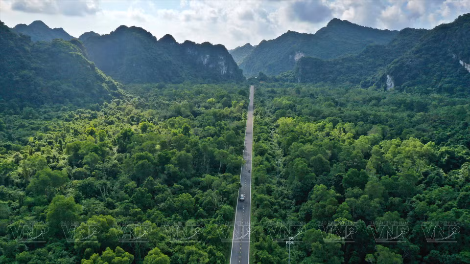 从高空俯瞰，吉婆岛环海路就像一条灰色线，在一望无际的绿色植被间若隐若现。图自越通社/越南画报