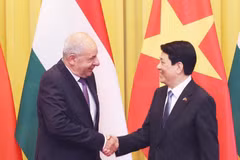 越南国家主席梁强与匈牙利总统舒尤克·道马什亲切握手。图自越通社