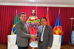 越南驻巴西大使裴文毅与巴西大豆生产商协会（Aprosoja）主席毛里西奥·布丰。图自越通社