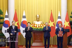 越共中央总书记、国家主席苏林与韩国总统李在明见证越南科学技术部与韩国科学技术信息通信部关于越韩科学、技术与创新合作总体规划框架交换仪式。图自越通社