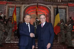 比利时首相巴尔特·德·韦弗与越共中央总书记、国家主席苏林亲切握手。图自越通社