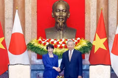 越共中央总书记、国家主席苏林接见来访的日本首相高市早苗。图自越通社