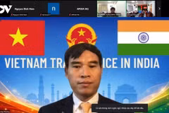 越南驻印度商务参赞裴忠尚主持线上研讨会。图自越南之声