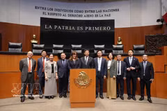 越南工作代表团与墨西哥众议院代表合影。图自越通社