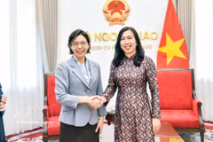越南外交部副部长黎氏秋姮在外交部总部会见韩国新任驻越南特命全权大使李美研。图自越通社