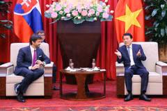 越共中央政治局委员、公安部长梁三光上将会见斯洛伐克副总理兼国防部长罗贝尔特·卡利尼亚克。图自越通社