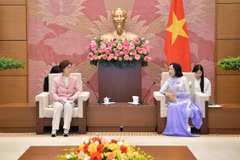 越南国会副主席阮氏青与韩国性别平等与家庭委员会主席李仁顺。图自越通社