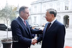 利时王国首相巴尔特·德韦弗迎接越共中央总书记、国家主席苏林。图自越通社