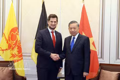 越共中央总书记、国家主席苏林会见瓦隆大区首席大臣阿德里安·多利蒙。图自越通社