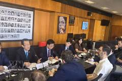 越共中央委员、中央内政部副部长黎鸿光与巴西劳动党领导举行工作会谈。图自越通社
