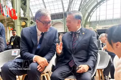 越共中央总书记、国家主席苏林与塞尔维亚总统亲切交谈。图自越通社