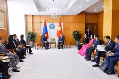 越南国会主席陈青敏会见蒙古国总理尼亚木奥斯尔·乌其尔勒。图自越通社