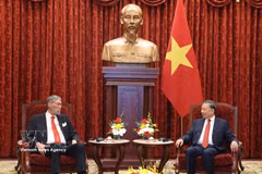 越共中央总书记、国家主席苏林与多米尼加共和国统一左翼运动党总书记米格尔·梅希亚。图自越通社