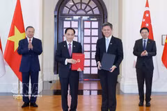 越共中央总书记、国家主席苏林和新加坡总理黄循财共同出席越新合作文件交换仪式。图自越通社