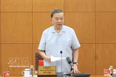 越共中央总书记、国家主席苏林在河内主持与中央内政部及相关机构的会议。图自越通社