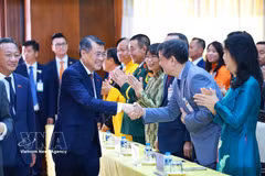 越南政府总理黎明兴会见驻老挝大使馆工作人员、各代表机构、社团及侨胞代表。图自越通社