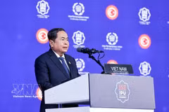 越南国会主席陈青敏在第152届各国议会联盟大会全体会议上发表重要讲话 。图自越通社