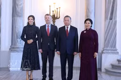越共中央总书记、国家主席苏林及夫人吴芳璃会见丹麦国王腓特烈十世和王后玛丽。图自越通社