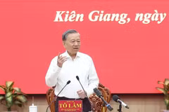 越共中央总书记苏林率中央工作代表团与坚江省委常务委员会和安江省委常委召开会议。图自越通社