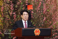 越南国家主席梁强在见面会上发表讲话。图自越通社