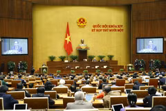 越南祖国阵线中央委员会主席陈青敏作有关选民及人民提交第十四届国会第十一次会议的意见建议汇总梳理报告。图自越通社