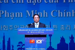 越南政府总理范明政在越南-韩国劳务合作论坛上发言。图自越通社