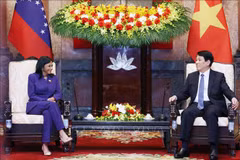 越南国家主席梁强会见委内瑞拉副总统德尔西·罗德里格斯。图自越通社
