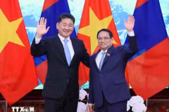 越南政府总理范明正会见蒙古国总统呼日勒苏赫。图自越通社