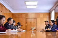 中央对外部部长黎怀忠与蒙古民主党副主席贝·德勒格尔玛举行工作会议。图自越通社