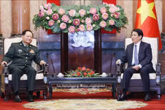 越南国家主席梁强（右）会见中共中央军委副主席张又侠。图自越通社