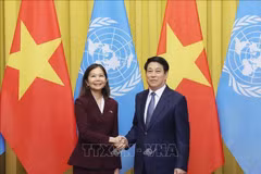 越南国家主席梁强会见联合国常驻越南协调员塔梅西斯。图自越通社