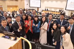 越南候选人阮氏兰英副教授（右四）在《联合国海洋法公约》第36次缔约国会议上当选为国际海洋法法庭（ITLOS）法官。图自越通社