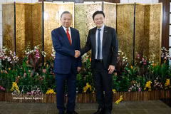 越共中央总书记、国家主席苏林与新加坡总理黄循财举行了会谈。图自越通社