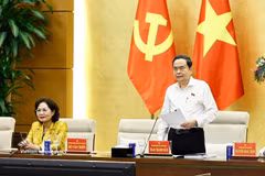 越共中央政治局委员、国会党委书记、国会主席陈青敏发表讲话。图自越通社